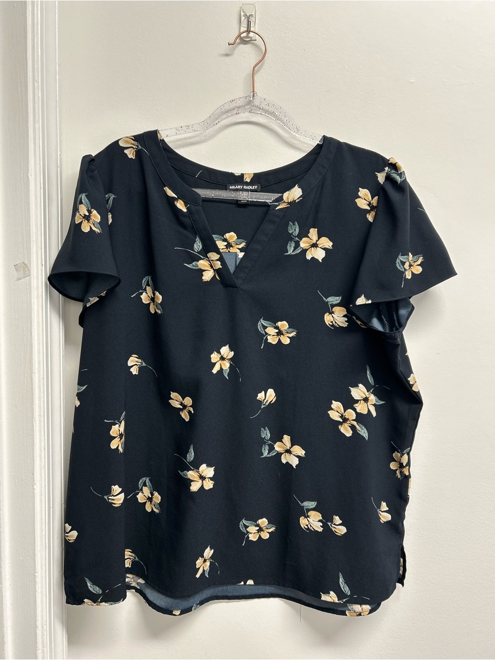 Floral V-Neck Flutter Sleeve Blouse - Black with Yellow Flowers
